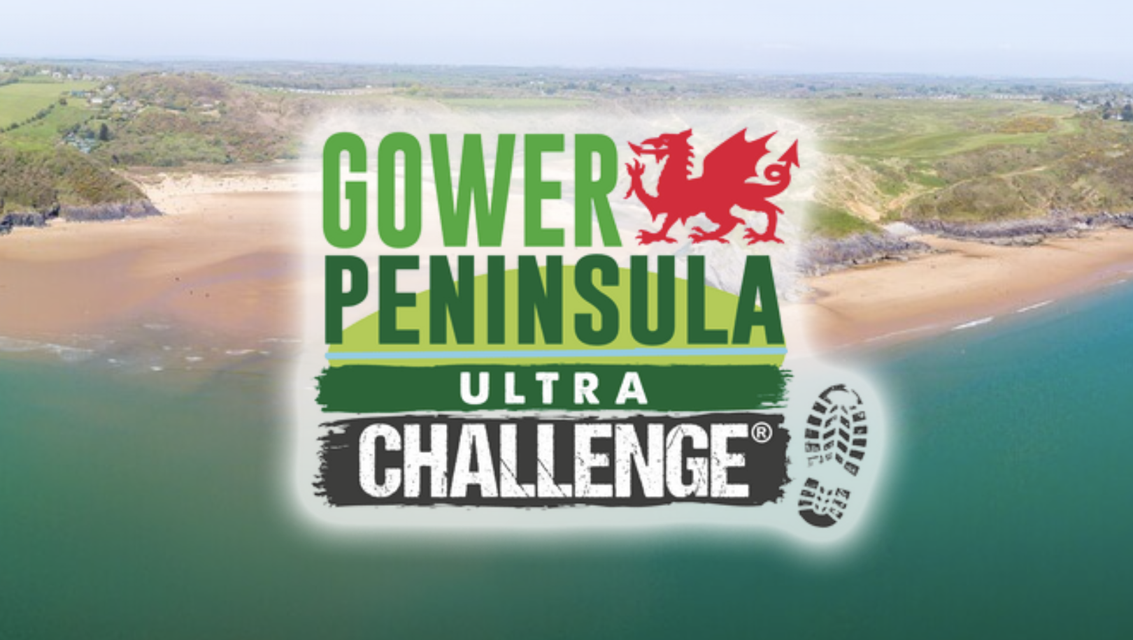 Panoramic view of the stunning Gower Peninsula, showcasing a sandy beach, turquoise waters, and lush green hills in the background under a clear sky. The Gower Peninsula Ultra Challenge logo, featuring the iconic red Welsh dragon, is prominently displayed over the image.