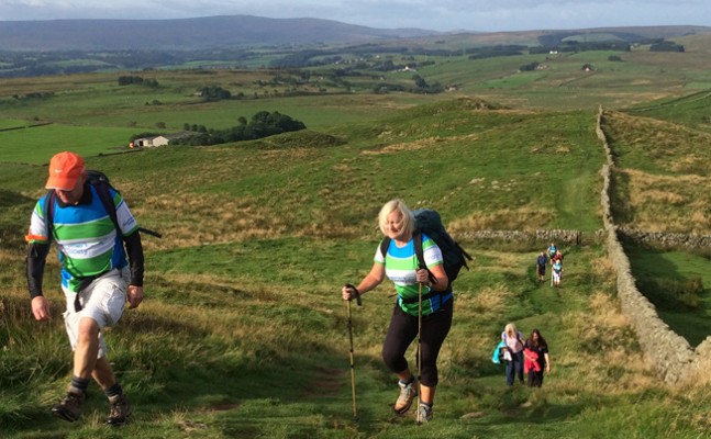 A group of hikers walking uphill through a grassy countryside trail on a sunny day. Two hikers in the foreground are wearing backpacks and green-and-white striped shirts, with one using trekking poles. A stone wall runs alongside the path, with rolling hills, scattered houses, and open fields stretching into the distance.