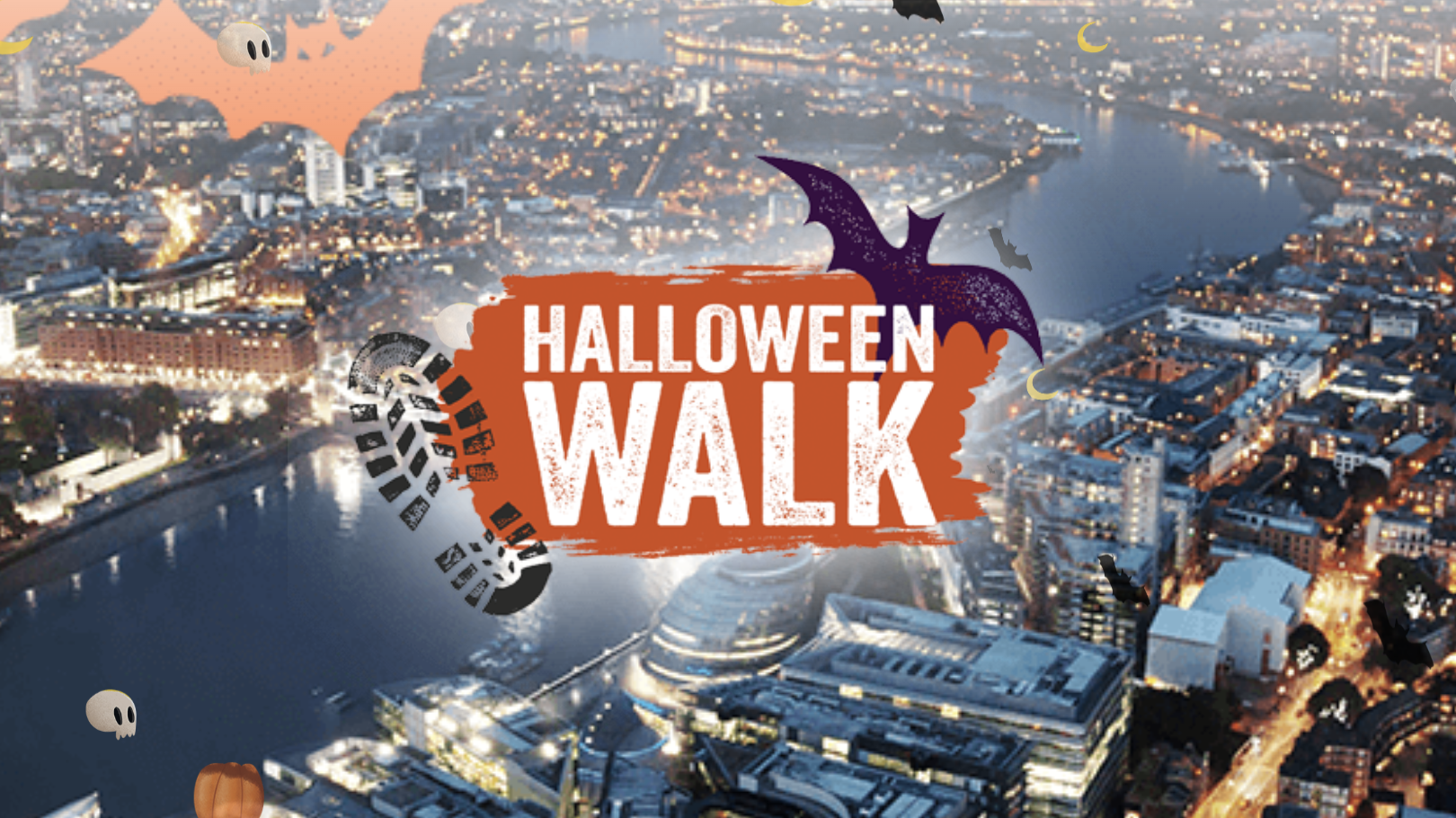 A nighttime aerial view of London lit up along the river, with the "Halloween Walk" logo prominently overlaid. The logo features a bold orange background, a purple bat, and a boot print design. Festive Halloween-themed elements, such as floating skulls, bats, and a pumpkin, are scattered across the image, creating a spooky yet vibrant atmosphere.