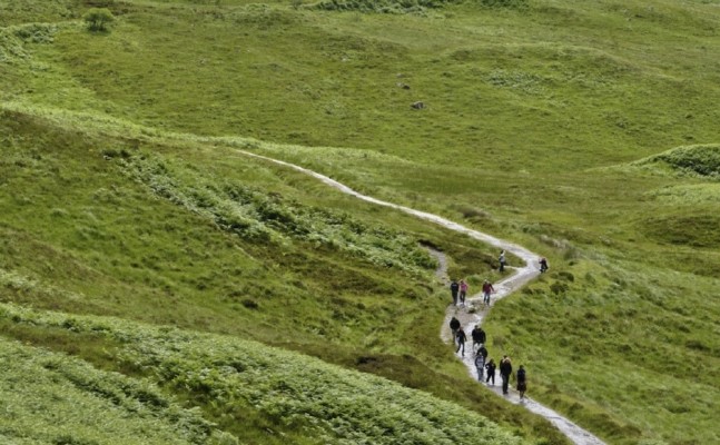 A group of hikers walking along a winding path through a lush green hillside. The trail cuts through rolling terrain covered in grass and ferns, with a sense of movement as the hikers progress further into the landscape. The scene conveys a peaceful and natural outdoor setting.